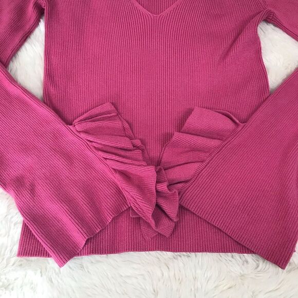 EXPRESS Pink Low Cut Cutout Sweater Top Cold Shoulder Bell Sleeve Size Large New - Picture 5 of 8